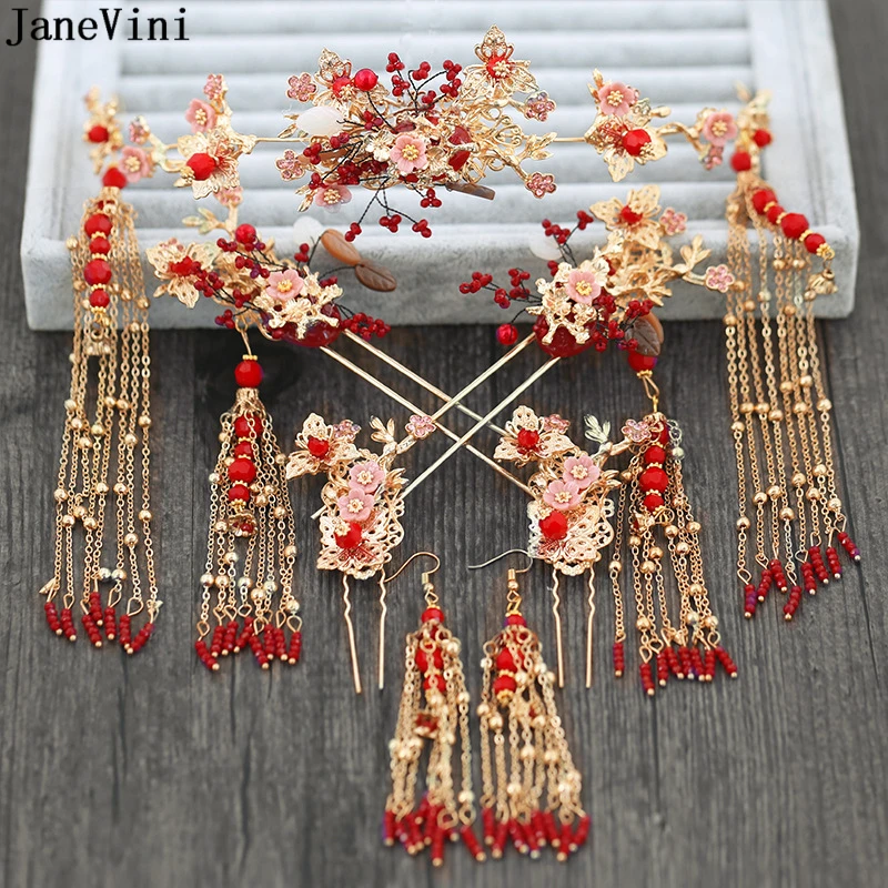 

JaneVini Vintage Chinese Bridal Headdress Costume Red Beaded Ancient Wedding Hairpin Gold Tassels Bride Jewelry Hair Accessories