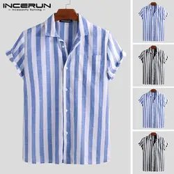 INCERUN 2019 Мужская рубашка с отворотом с коротким рукавом Европейская летняя американская уличная битая полосатая свободная одежда