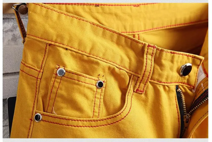 Летние мужские желтые джинсовые шорты, новые модные мужские шорты с дырками, высококачественные мужские прямые повседневные джинсовые шорты, размер 38