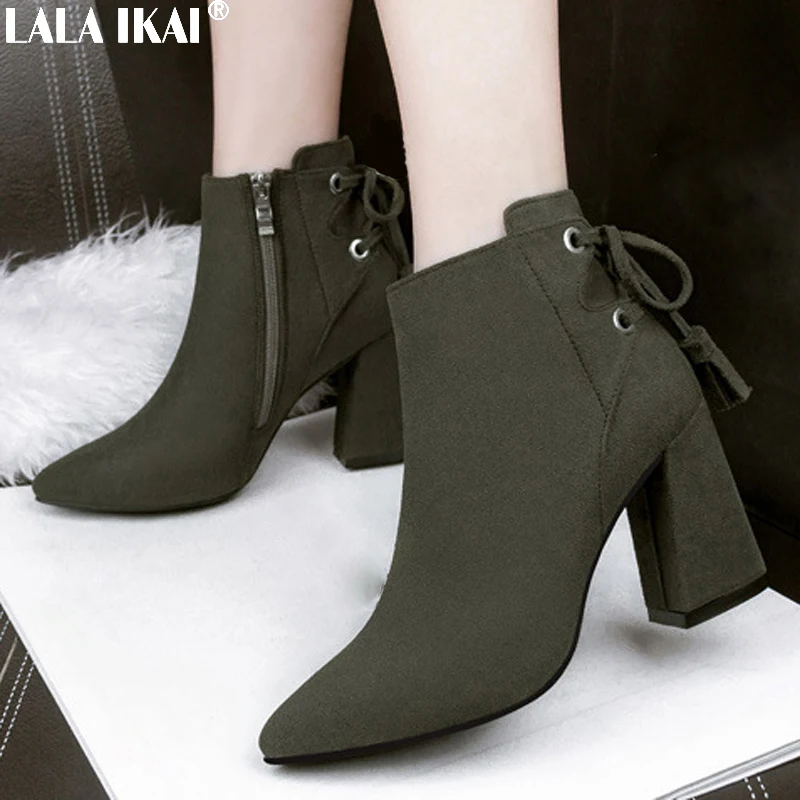 

LALA IKAI Women Winter Ankle Boots Pointed Toe Narrow Band Design Fringe Decoration Side Zip Shoes Fashion Warm Boot XWC3113-5