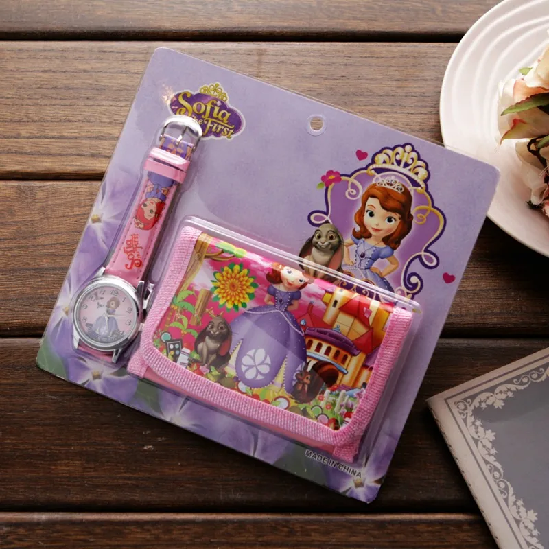 Новые часы принцессы с кошельком, подарок на день рождения для детей, тканевый кошелек и Мультяшные часы, кварцевые часы - Цвет: Sofia  Pink