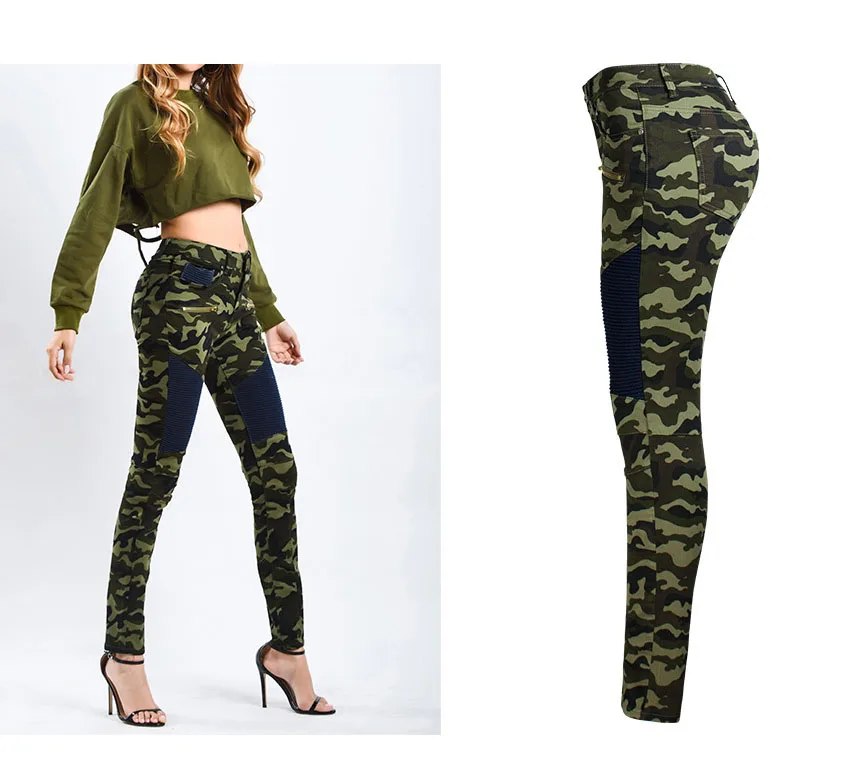 Motorcycle trousers for women stretch trim camouflage printed trousers with denim pencil trousers (3)