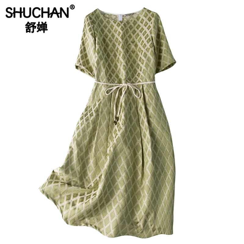 

Shuchan Green Geometric Print Natural Silk and Cotton Newest Womens Designer Dresses A-Line O-Neck High Quality Clothing A0129