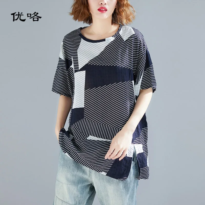 

2019 Summer Fashion Cotton Linen T Shirt Women Plus Size Vintage Striped Tshirts Short Sleeve Casual Loose T-Shirt Femme 4XL 5XL