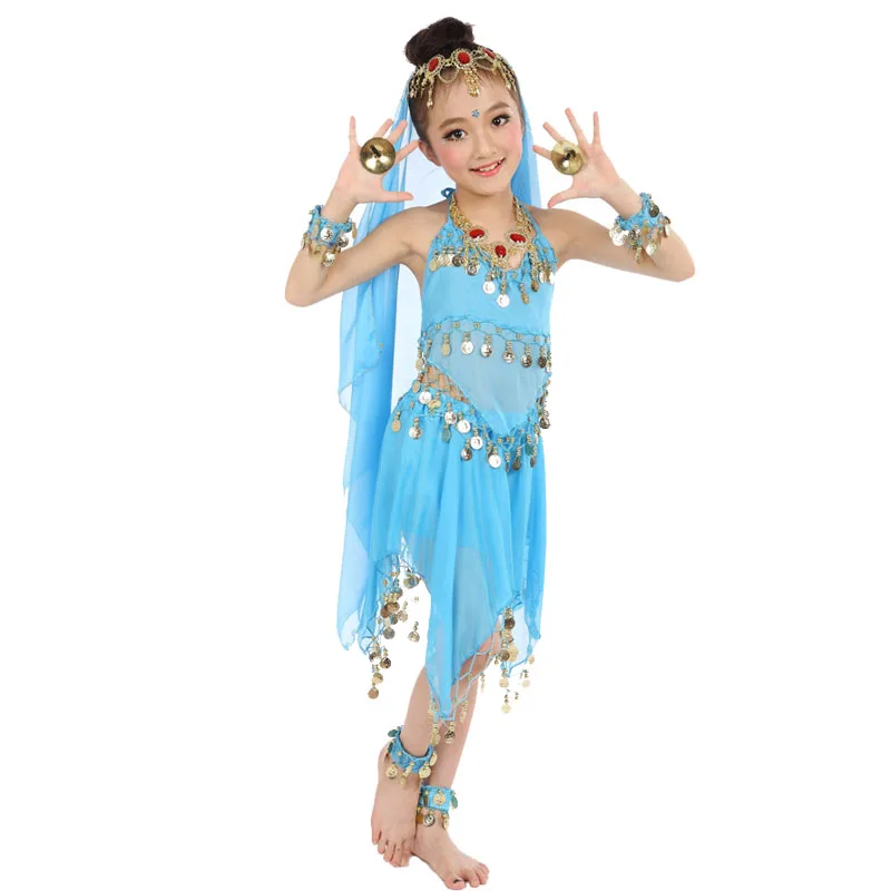 Болливудские танцевальные костюмы для девочек, детский индийский костюм для танца живота, комплект из 6 предметов(топ+ юбка+ головной убор+ вуаль+ цепочка на руку+ ножной браслет - Цвет: Light Blue