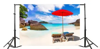 

Photography Backdrop Beach Seaside Deck Chair Red Beach Parasola Rock Stones Tree Blue Sky White Cloud Nature