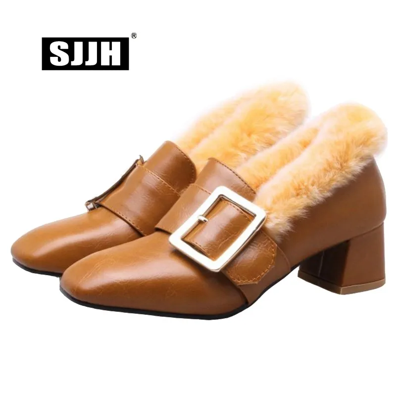 

SJJH Women Winter Pumps with Square Toe Chunky Slip-on Fur PU Shallow Comfort Footwear Fashion Sweet Shoes Large Size A1030