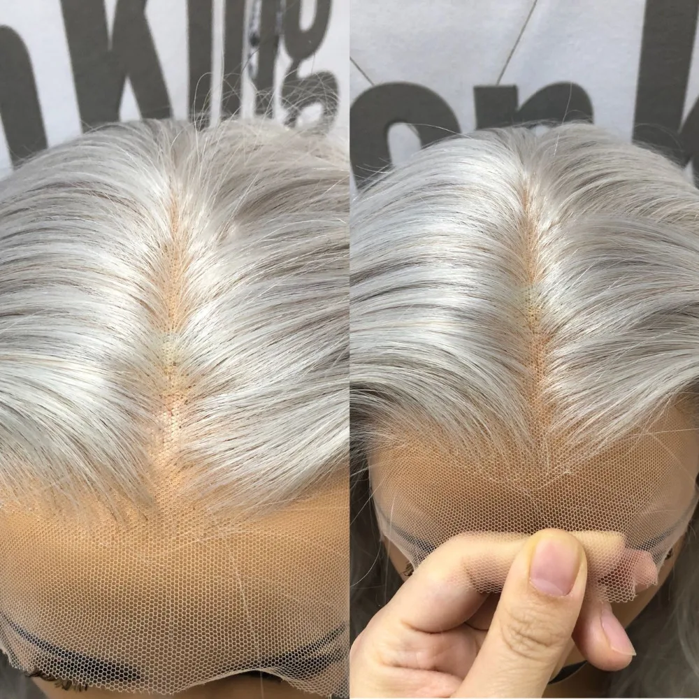 Fabwigs 150% плотность прозрачный полный парик шнурка предварительно выщипанный пепельный блонд полный парик шнурка человеческих волос бразильские волосы remy серый цвет