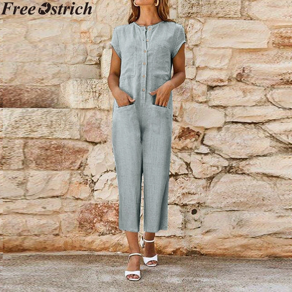 

Women Summer Linen Jumpsuit Long Short Sleeve Pocket Loose Button Plus Size Jumpsuit Ladies Straight Casual V-neck Rompers