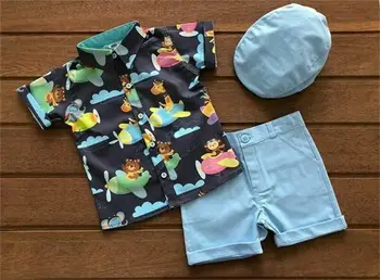 

2019 New Toddler Kid Baby Boy Animal Print Tops T-shirt+Solid Short Pants Button Outfits Clothes Children r Clothing