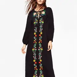 Новое поступление 2017 года Для женщин длинное платье Винтаж Вышивка цветочный узор с длинным рукавом шифон Этническая Платье Ретро Vestidos Femme