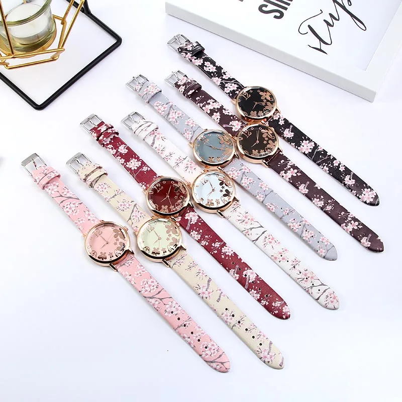 1 Pcs Women Quartz Watch Floral Dial with Floral Print PU Leather Strap M8694