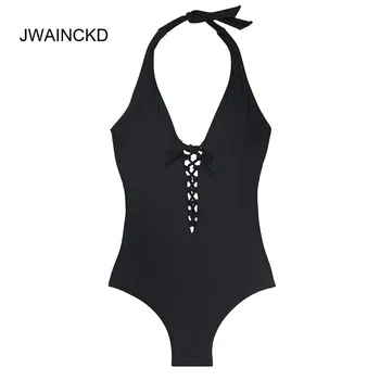 

JWAINCKD Swimwear Women Sexy Solid Swimsuit One Piece Beach Wear Deep V Bikini Bathing Suit Black White Swimming Suit Plus Size
