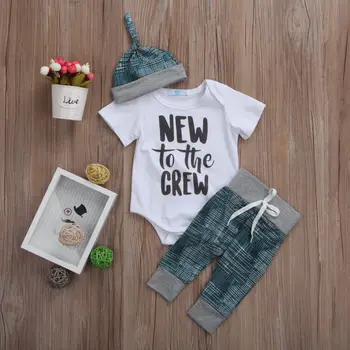 

New to the Crew Short sleeve Bodysuit Pant Hat Set For Baby Boy Clothes