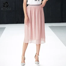 AOFULI L-4XL 5XL люрекс эластичный пояс гофрированный с сеткой миди юбка лето полупрозрачная до середины икры Длина юбка для женщин A4045