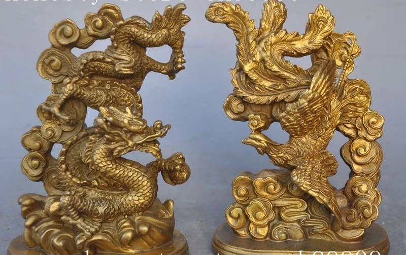 

Chinese Folk Fengshui Brass Zodiac Dragon Phoenix Bird Auspicious Statue Pair