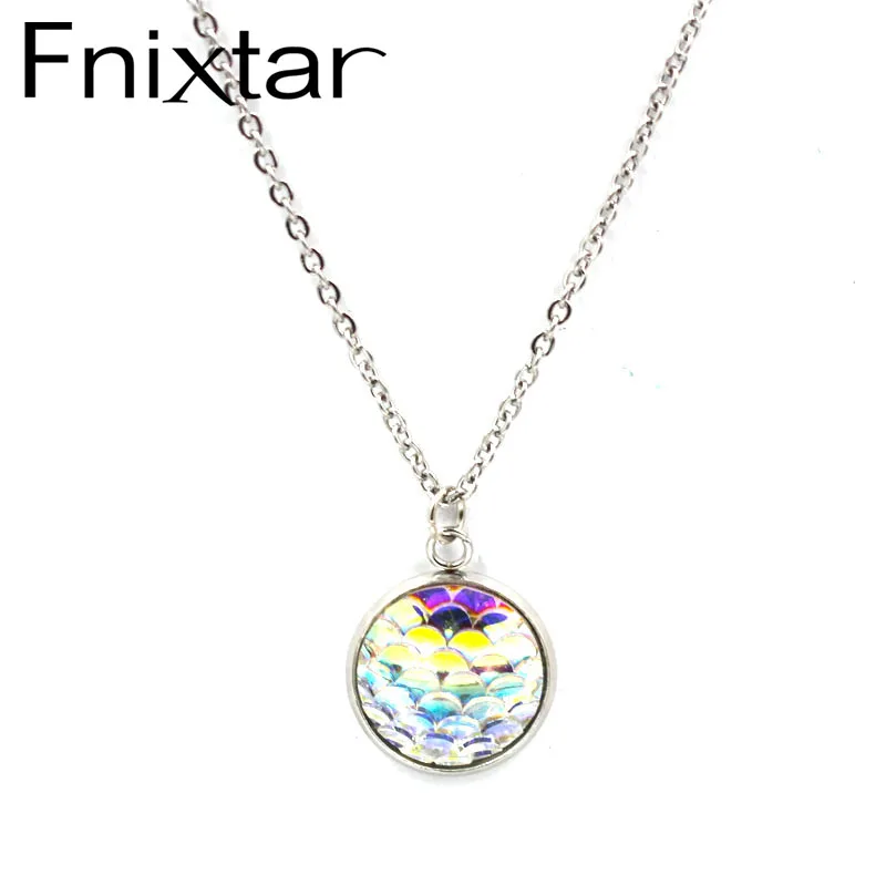 FnixtarResin Mermaid Fish /Dragon Scale Dome Seals Charm Pendant Stainless Steel Necklaces For Women 16mm 20Piece/Lot|stainless steel necklace|steel