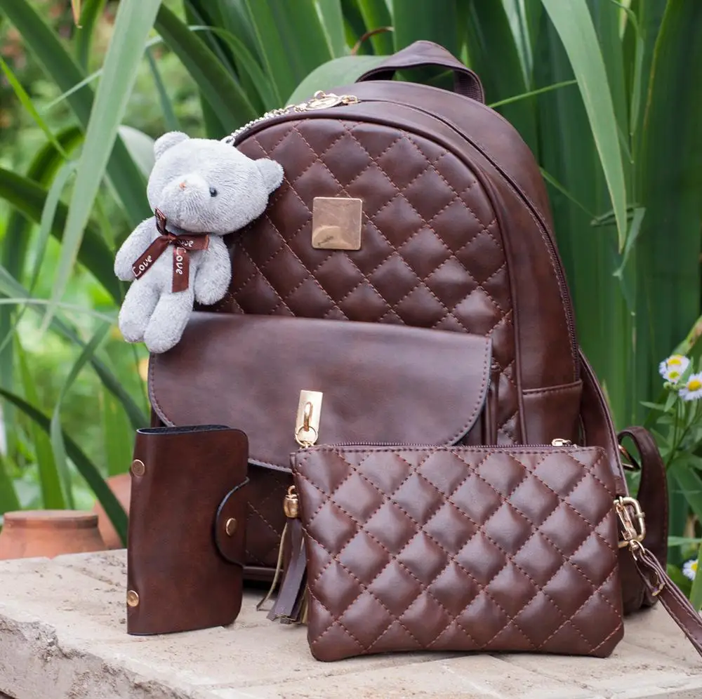 3 Pcs Bear Backpack Women Bag Diamond Lattice School Bags For Girls Backpacks For Women 2017 New Tassel Shoulder Bags Sac A Dos