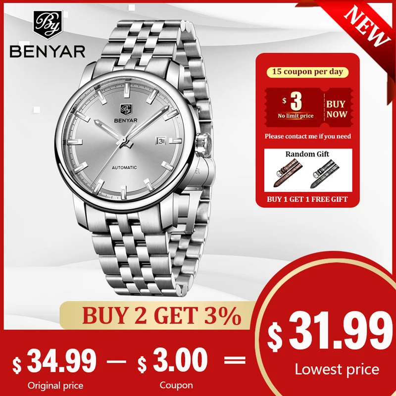 

BENYAR Men's Watches WristWatch Men Automatic Self Wind Mechanical Top Brand Luxury Tourbillon Military Watch Relogio Masculino
