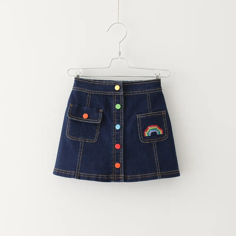 

3-10 Years Girl's Autumn Denim Skirts Embroidery Unicorn Rainbow Girls Children Button Skirt Baby Kids Toddler A Line Tutu Skirt