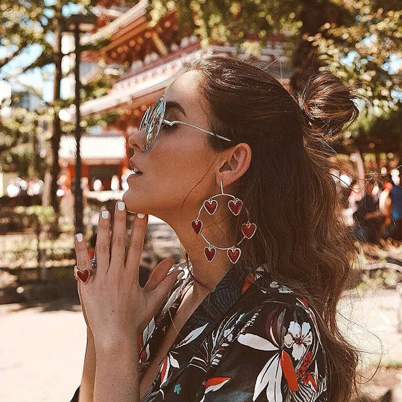 

AOMU Korea Fashion Big Geometric Circle Dangle Earrings Jewelry for Women Boho Red Heart Wedding Party Statement Earrings Gifts
