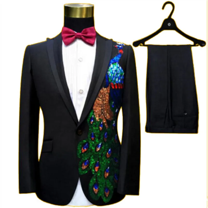 

Wedding Best Men Suit Blazer Peacock Pattern Black Men Suit 2 pieces Groomsmen Tuxedos Mens Suits Slim Fit (Jacket+Pants+Tie)