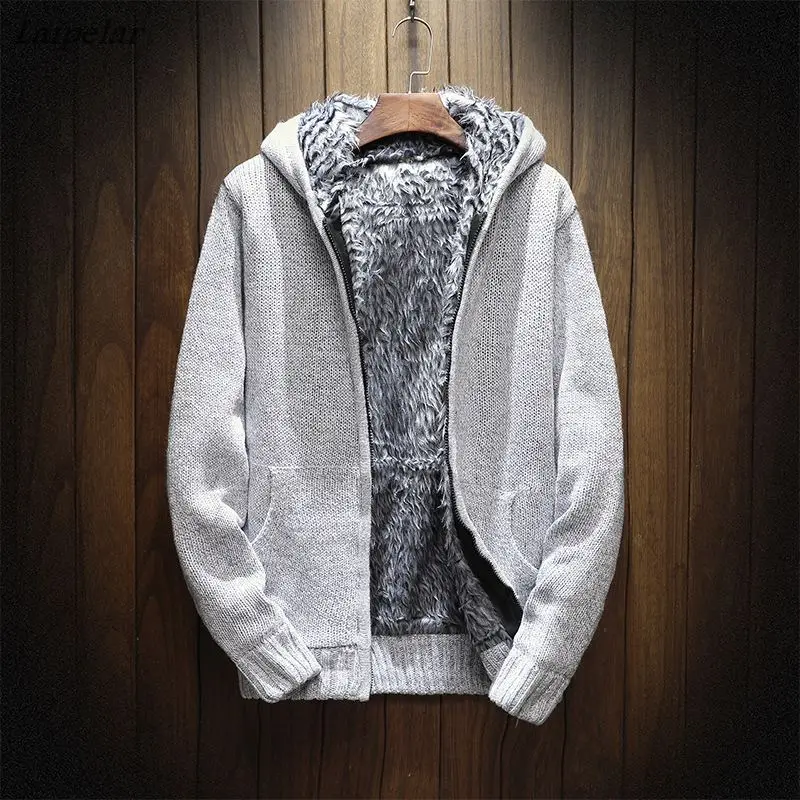 

Laipelar Winter Fashion Knitting Hoodies Warm Thick Men Sweatshirt Zip Male Hooded Fur MC-011