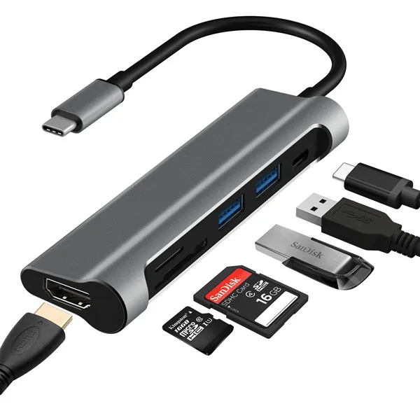 DZLST usb-хаб type C к USB 3,0 HDMI кардридер PD Зарядка для MacBook samsung Galaxy S9/S8 huawei P20 Pro Thunderbolt 3 концентратор - Цвет: Grey