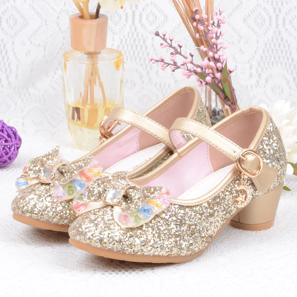 MUQGEW принцессы детская кожаная обувь для девочек, с декоративным цветком, свободная блузка Повседневное блестящие детские туфли на высоком каблуке для девочек туфли с узлом бабочкой, синего и серебряного цвета - Цвет: Gold A