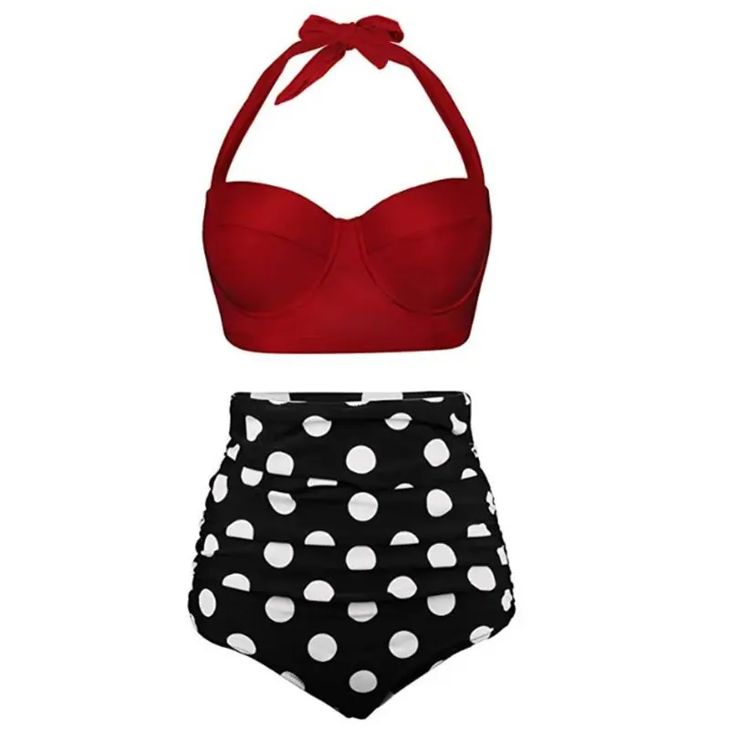 

Women Plus Size Two Piece Bikini Set Underwire Halter Crop Top High Waisted Tummy Control Vintage Polka Dot Thong Swimsuit M-3XL