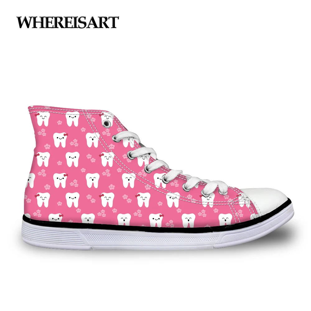 

WHEREISART Dentista Zapatos Mujer Pink Women Vulcanize Shoes Cute Dentist Pattern High Top Ladies Canvas Casual Sneakers Woman