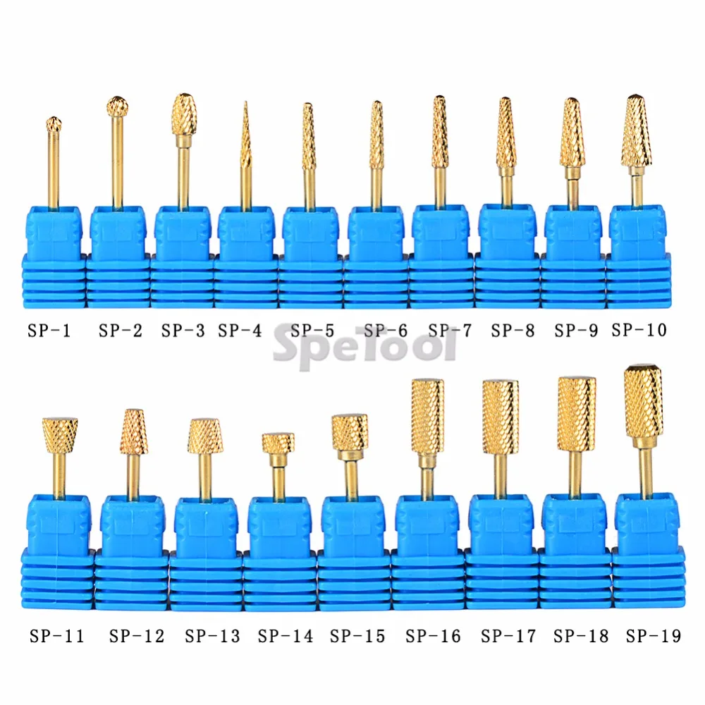 SpeTool 19 форм Позолоченные вольфрамовые карбидные сверла для ногтей инструменты для дизайна ногтей Аксессуары для электрического удаление маникюра гель