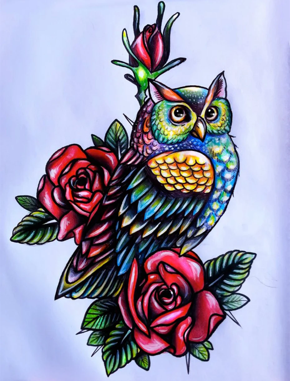Colorful-Owl-With-Roses-Tattoo-Design-By-Amber1