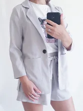 Cotton Linen Summer Suit Female 2 Pieces Set Tracksuit for Women Loose Blazer & Bow Elastic Waist Short Pant Suits