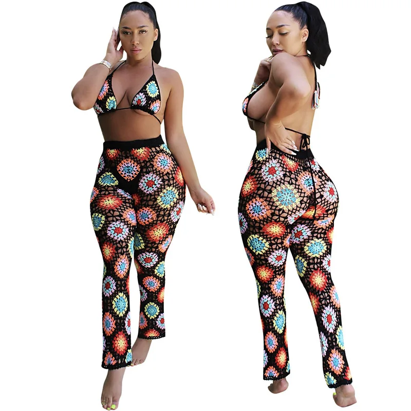 

2019 summer new women's jumpsuit two-piece fashion sexy boutique mesh hanging neck backless beach jumpsuit suit