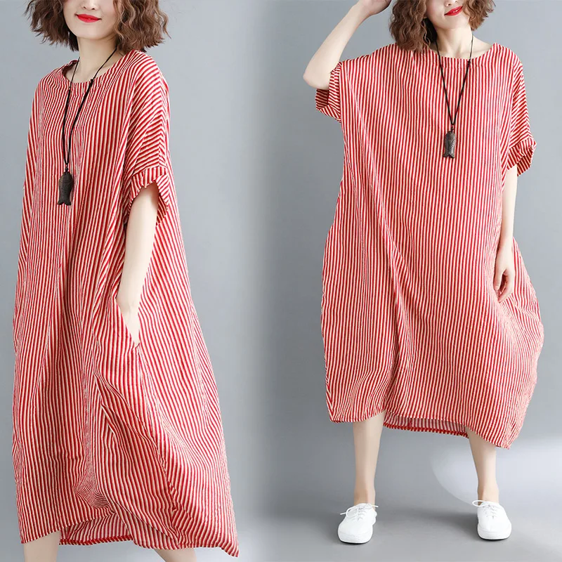 

Summer Oversize Cotton Linen Dress Women's Casual O-Neck Batwing Sleeve Loose Dresses Plue Size Dress