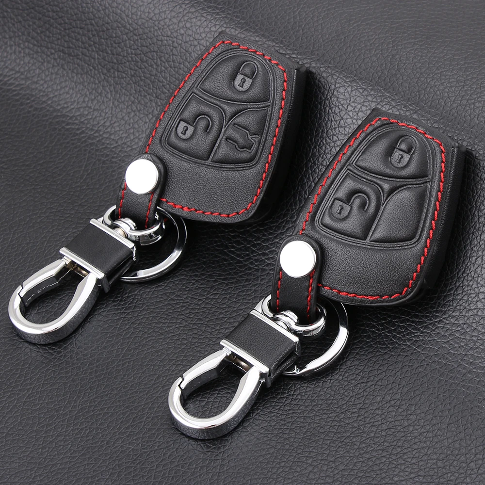 Cowhide Leather Key Holder Cover Wallet Set Bag Keyring For Mercedes