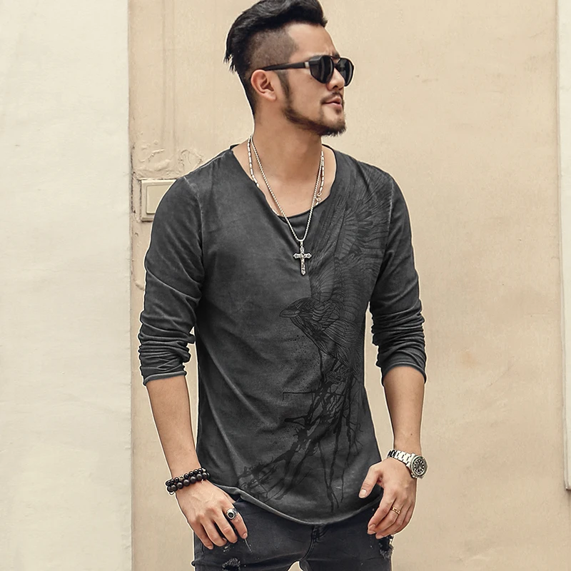 

Retro Washed Eagle Printed Men's Long Sleeve Casual O Neck New T-shirt Men Slim Cotton European Style Autmn Winter Top Tees T926