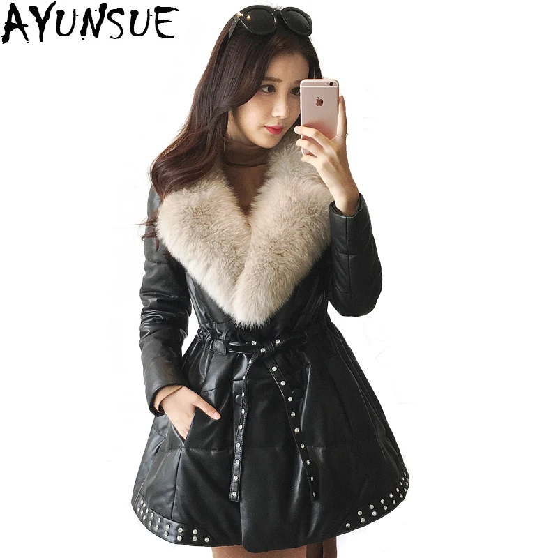 

AYUNSUE Genuine Leather Jacket Women Real Sheepskin Long Duck Down Real Leather Female Coat Jaqueta fox fur Plus Size LX1117