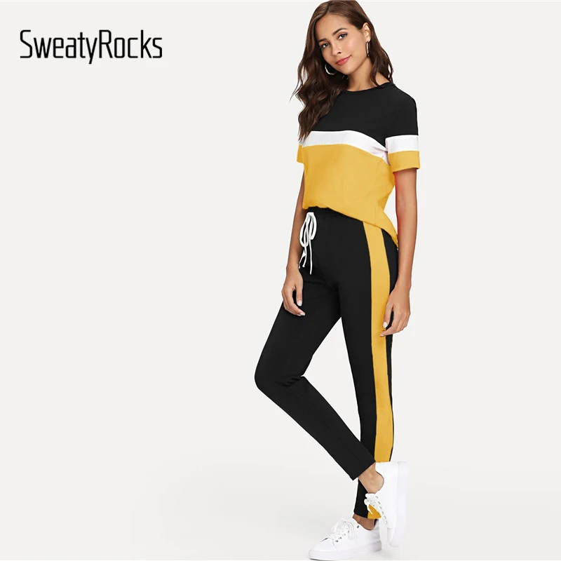 SweatyRocks اللون كتلة المحملة و الرباط الشريط فستان أطفال مع سروال داخلي الشارع الشهير قصيرة الأكمام النساء رياضية 2019 الربيع عارضة 2 قطعة مجموعة