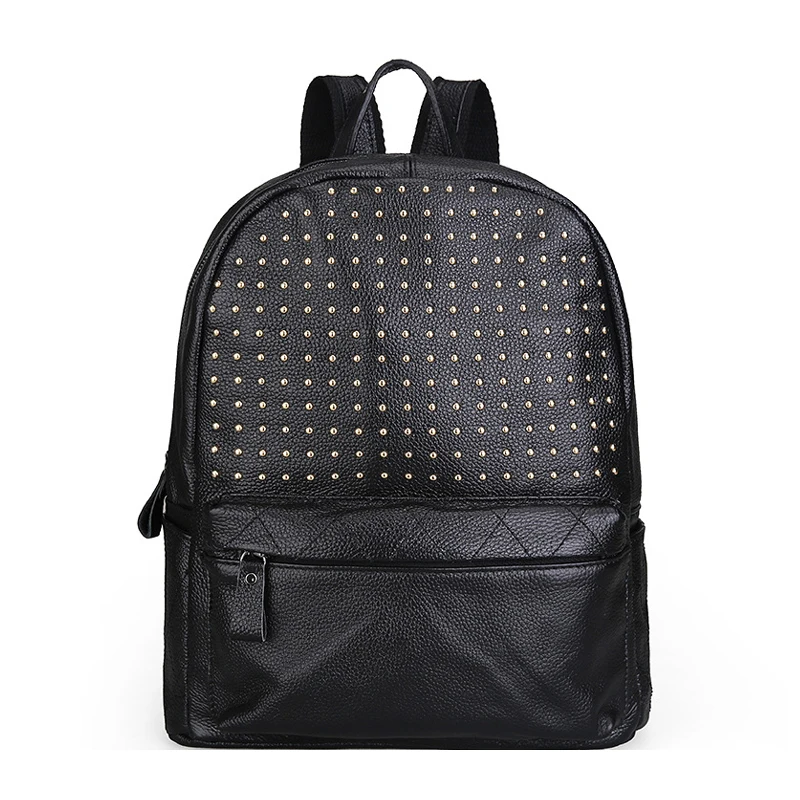 

Genuine Cow Leather Backpacks Women Fashion Rivet Solid Pattern Black Color School Backpack Bag Men Backpack