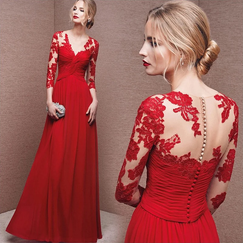 

Women Dress Elegant Flower Embroidery Decoration Red Dress Handmade Lace Perspective Long Dress Bride Seven-point Sleeve Dress