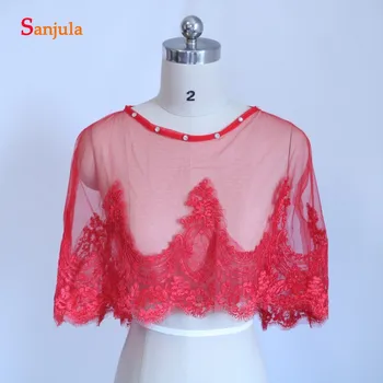 

Women Summer Tulle Boleros With Lace Edge Beaded Scoop Neckline Red/Ivory Brdial Wraps Adult Cape Wedding Stole Party Shawl P010
