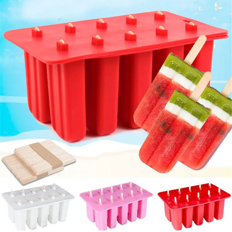 

10 Cell Frozen Ice Cream Mold Popsicle Maker Lolly Mould Ice Tray with Sticks DAG-ship