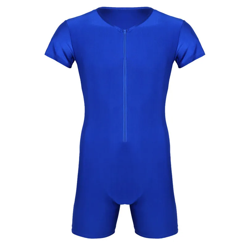MSemis Mens Wrestling Tights Leotard Bodysuit Bodystocking Ballet Dancewear One-piece Short Sleeve Zipper Soft Bodysuit Jumpsuit
