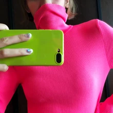 Хлопок тканые корейские единороги новые женские футболки с длинными рукавами ярких цветов с высоким воротником стрейч тонкий джемпер женский