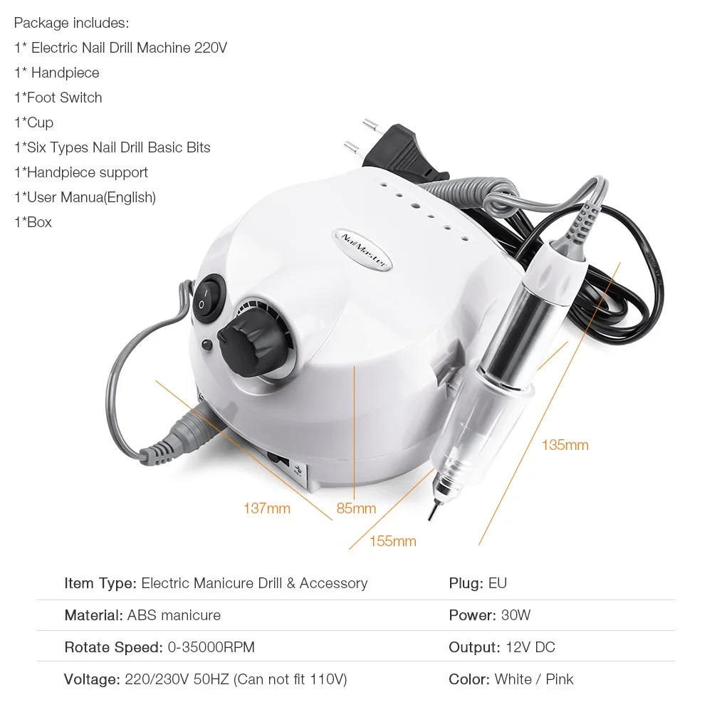 35000 об/мин Розовый Профессиональный электрический аппарат для маникюра и педикюра, оборудование для маникюра, педикюра, Файлы сверла, Песочная лента, набор аксессуаров