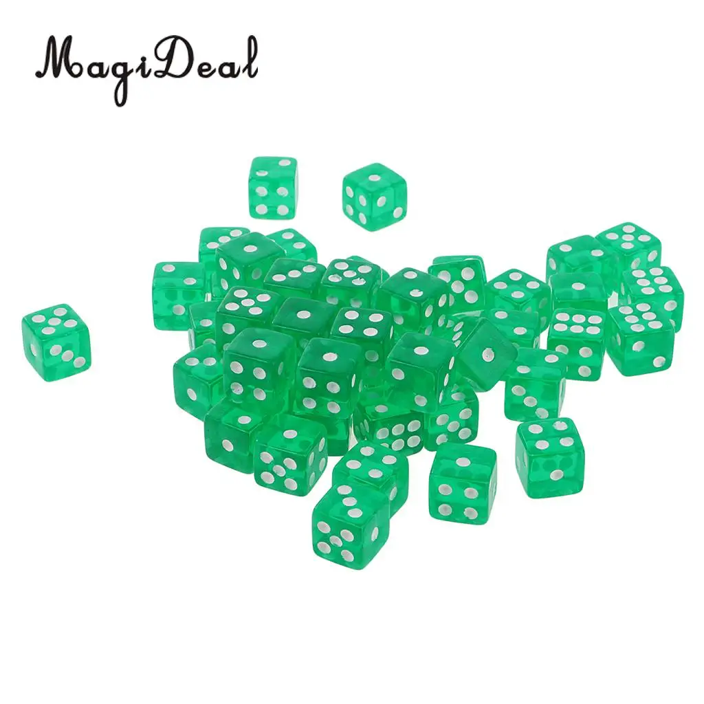 MagiDeal, 50 шт в наборе, прозрачные игральные кости D6 6-кубика 12 мм для настольных игр вечерние зеленый