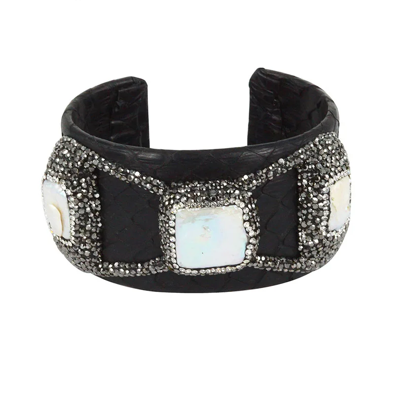 

Natural Python Leather Bangle for Women Paved Rhinestone Freshwater Pearl Shell Snake Leather Charm Open Cuff Bracelets
