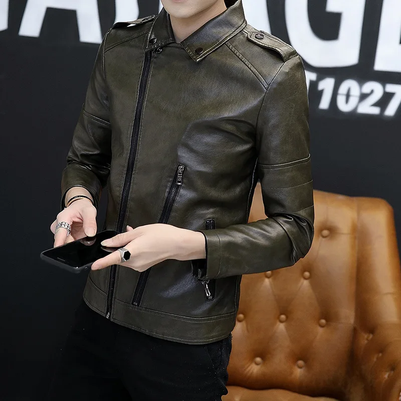

2019 men leather on the new trend of PU leather jacket youth personality handsome joker leisure leather coat lapels